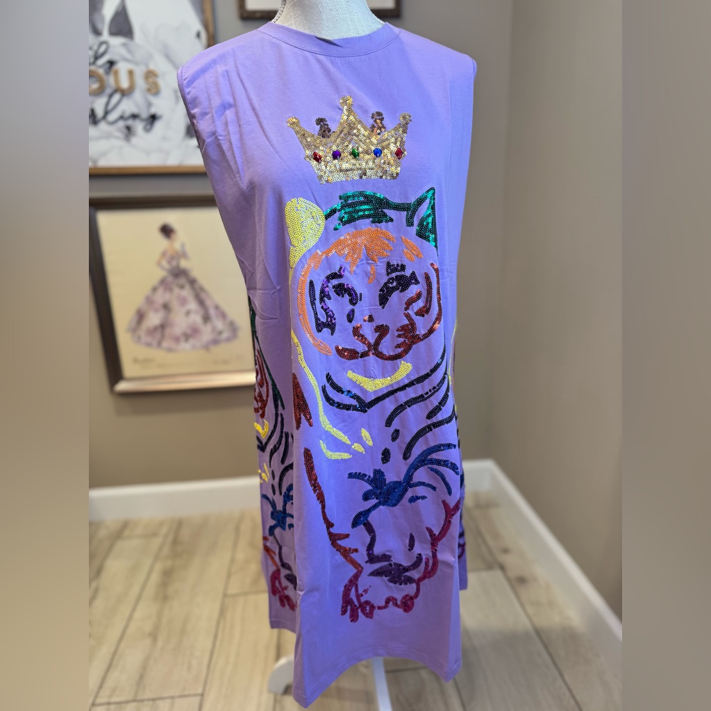 New! Queen Of Sparkles Lilac Sequin Tiger Sleeveless Dress